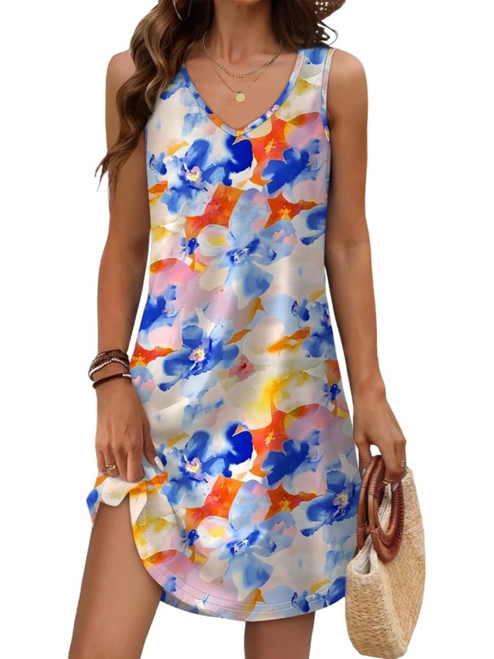 Women's Summer Dress Colourful V Neck Sleeveless Dress Sundress Swimsuit Coverup